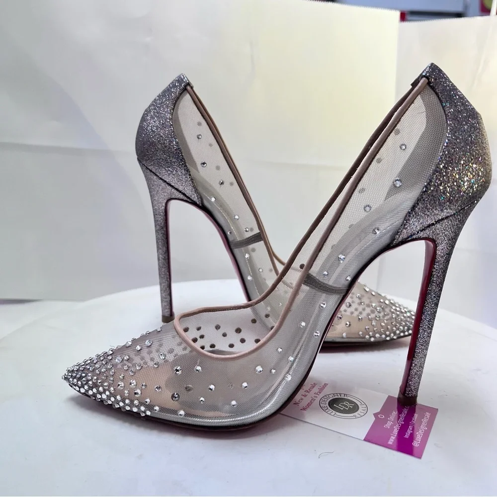 Christian Louboutin Follies Strass 100 Crystal Mesh Pumps Nude/Silver Glitter